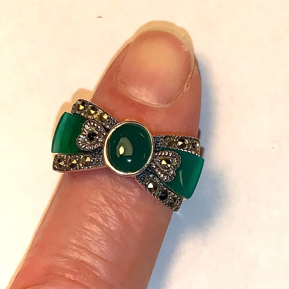 GORGEOUS STERLING SILVER vintage jade earrings & ring set - Picture 3 of 6
